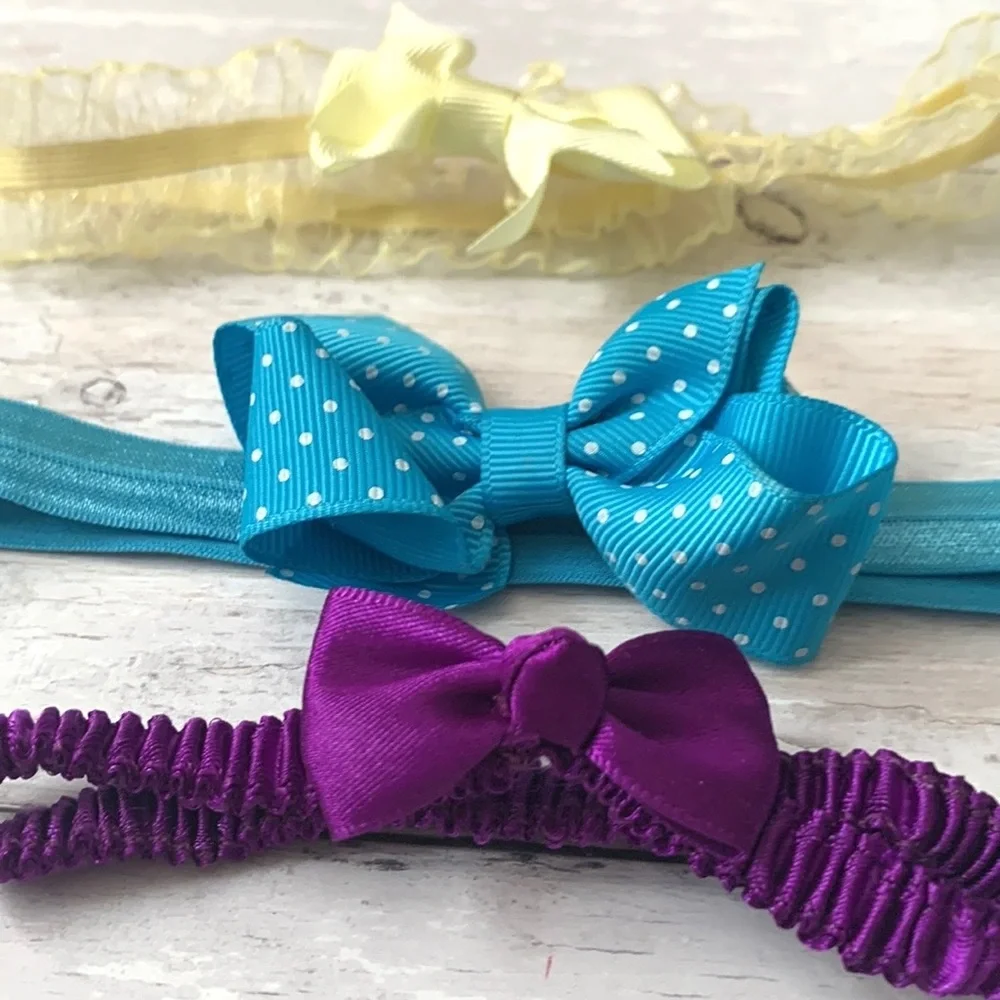 Baby Girl Bows Headbands Bundle Set of 3 Lace Yellow Blue Polka Dots Purple